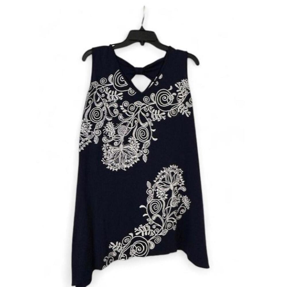 Women's Blue Embroidered Style Print Long Tank‎ Top Artsy Coastal Cruise 10/12